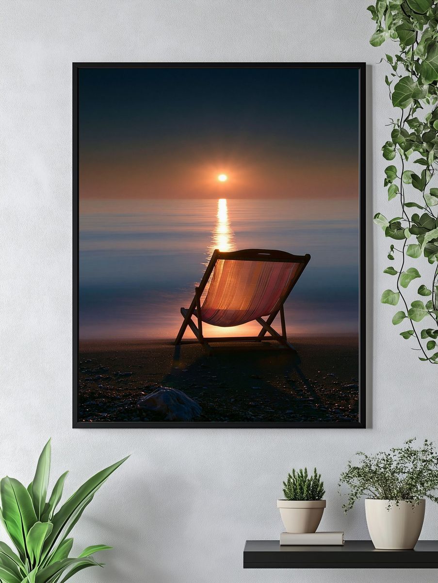 Sunset Beach Chair Photography Poster. — room view 4