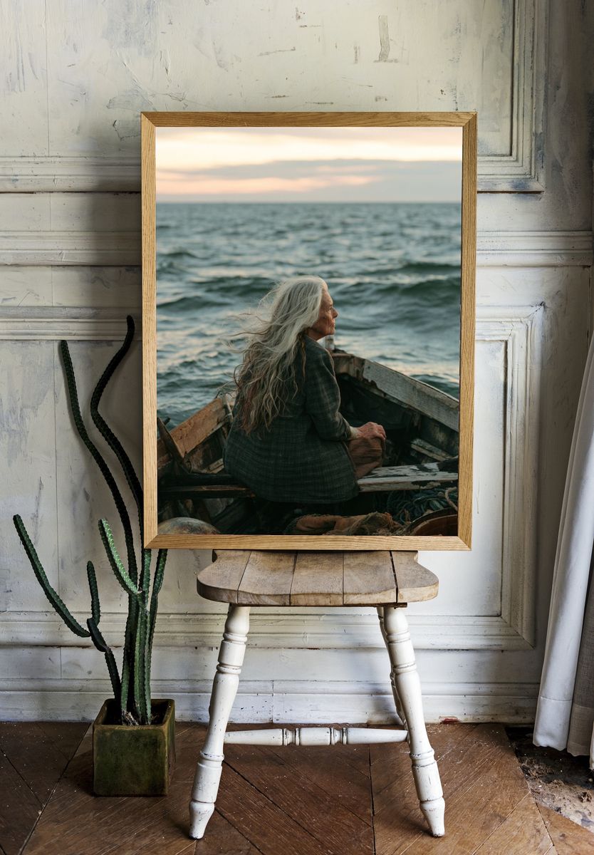 Elderly Woman at Sea Photography Poster. room preview