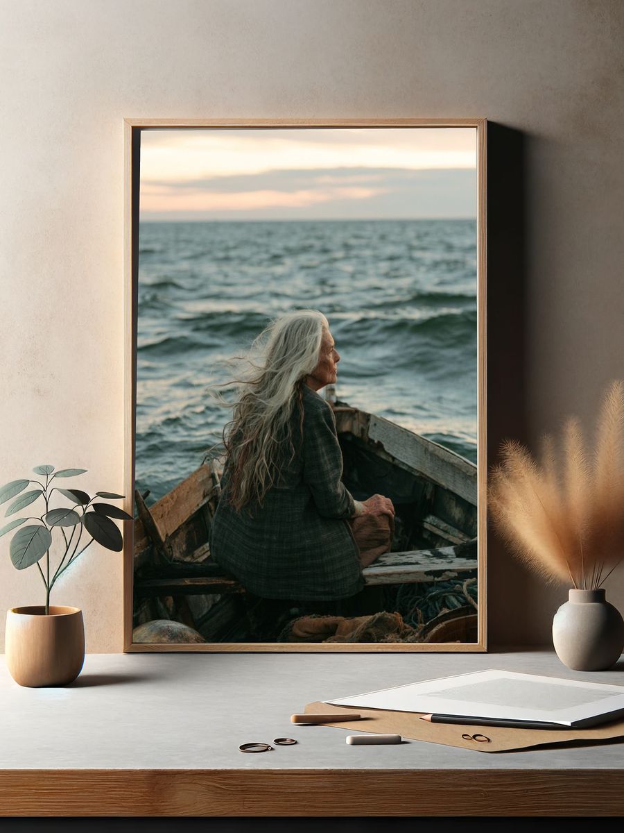 Elderly Woman at Sea Photography Poster. — room view 2