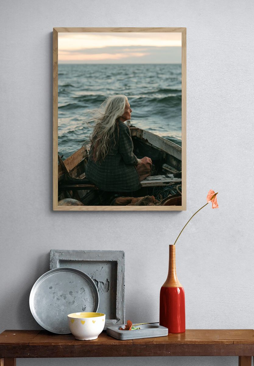 Elderly Woman at Sea Photography Poster. — room view 3