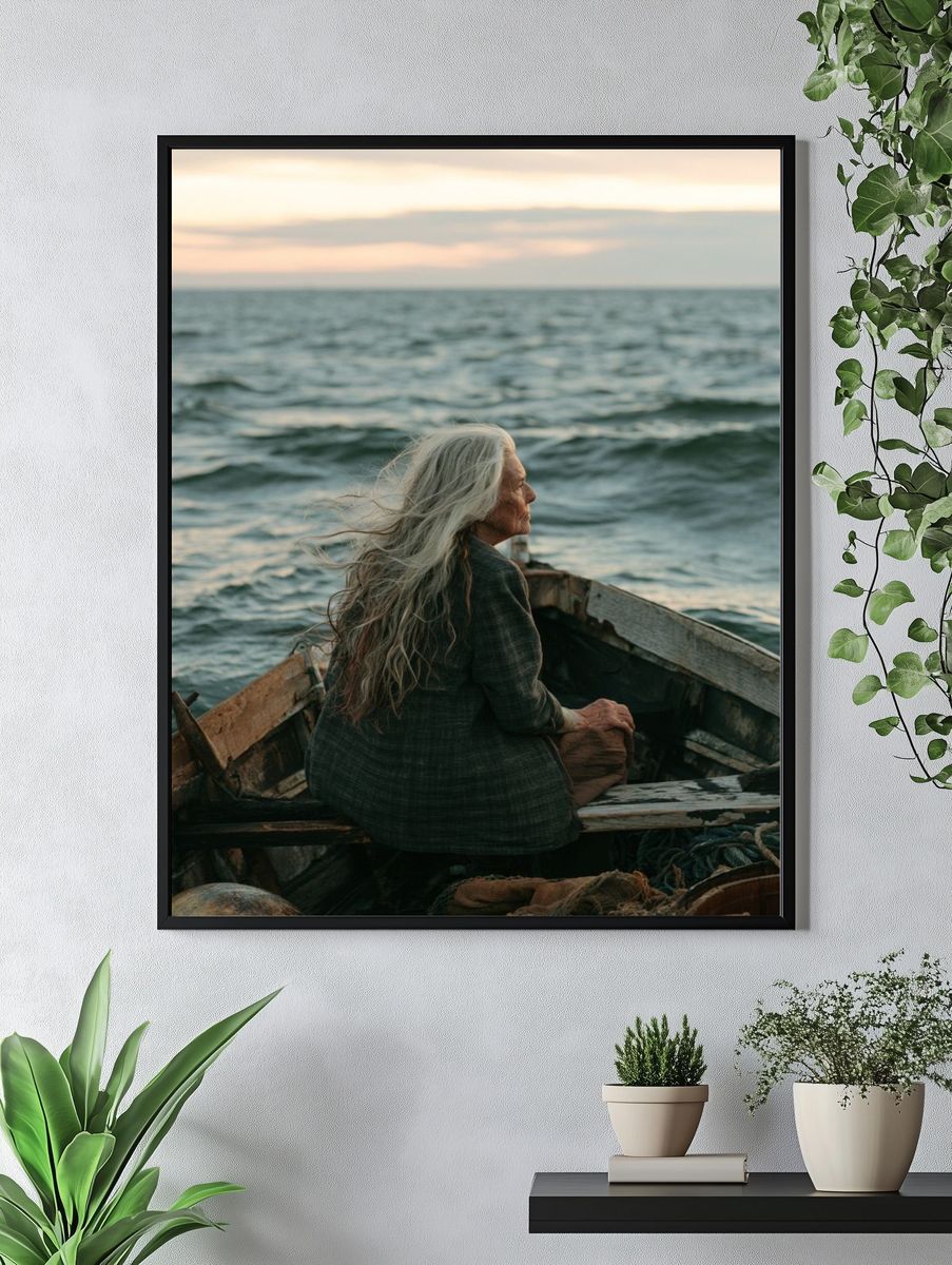 Elderly Woman at Sea Photography Poster. — room view 4