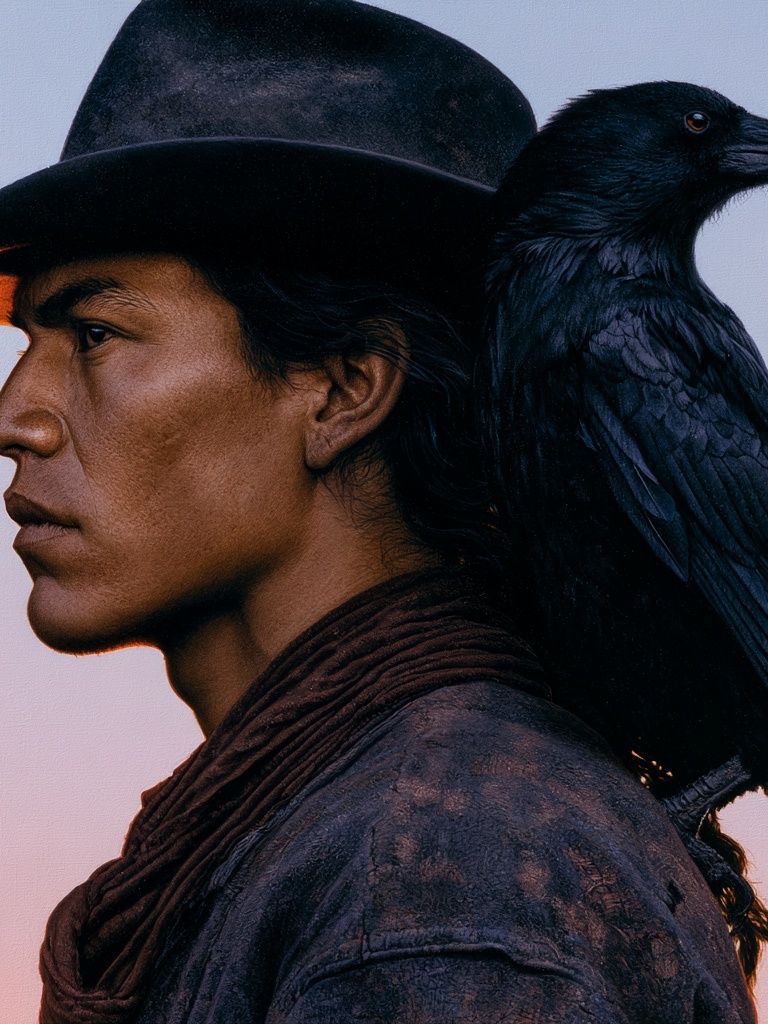 Cowboy and Raven Portrait Print. poster detail