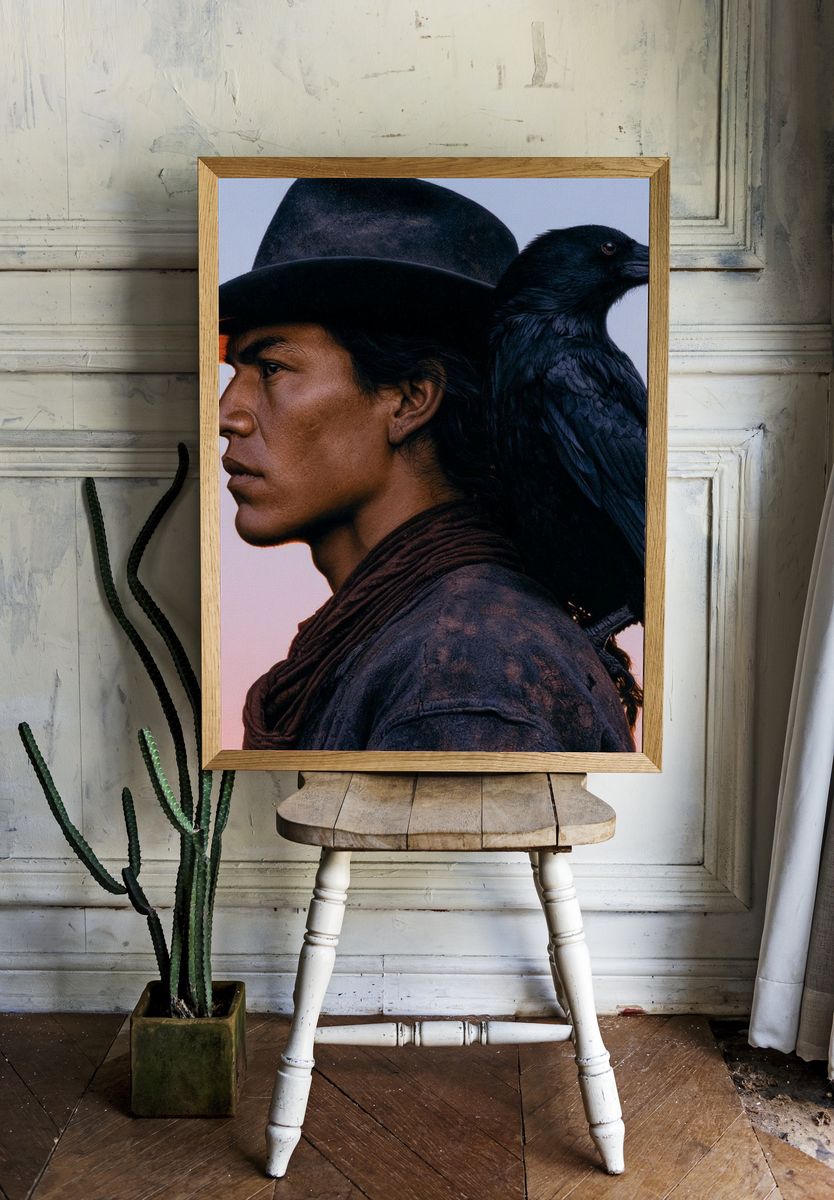 Cowboy and Raven Portrait Print. — room view 1