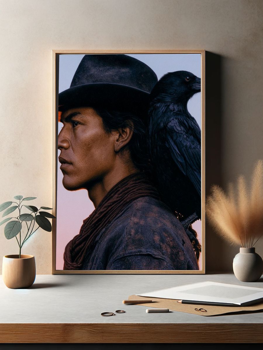 Cowboy and Raven Portrait Print. — room view 2