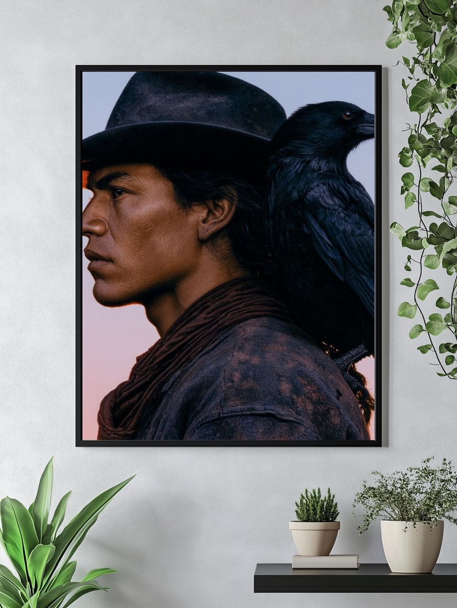 Cowboy and Raven Portrait Print. — room view 4