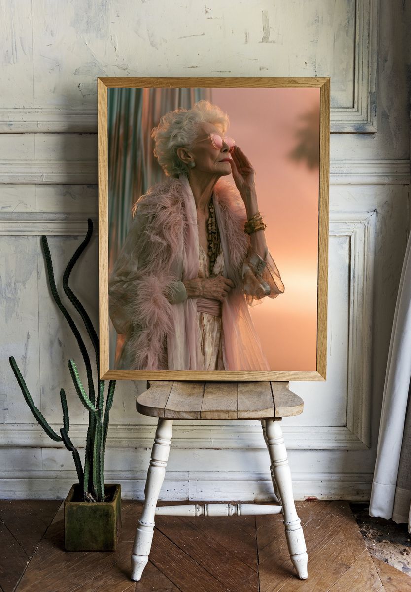 Elderly Woman at Sunset Photography Poster. — room view 1