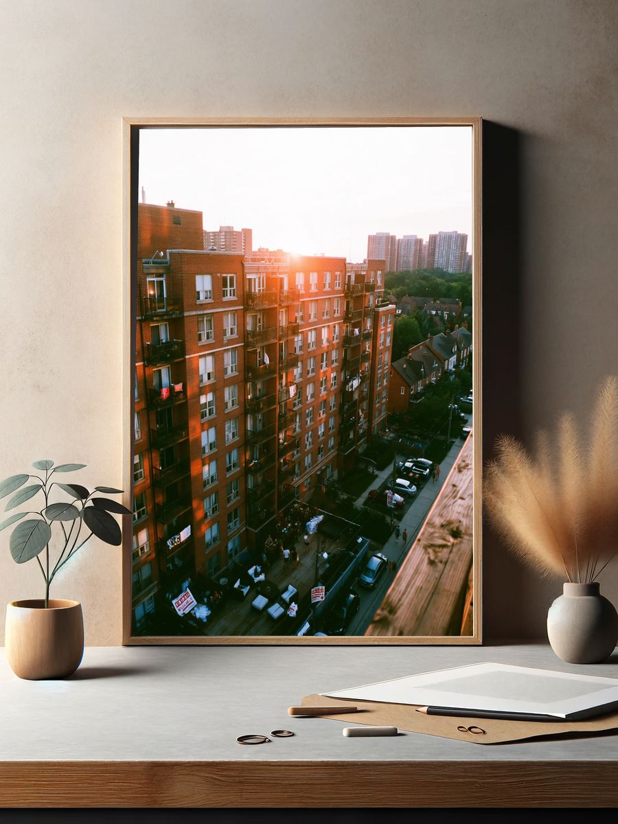 Sunset Apartment Blocks Photography Poster. — room view 2