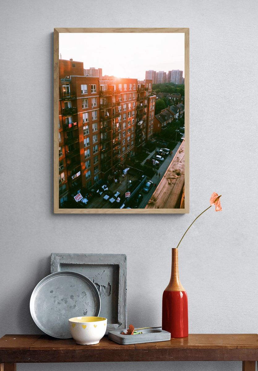 Sunset Apartment Blocks Photography Poster. — room view 3