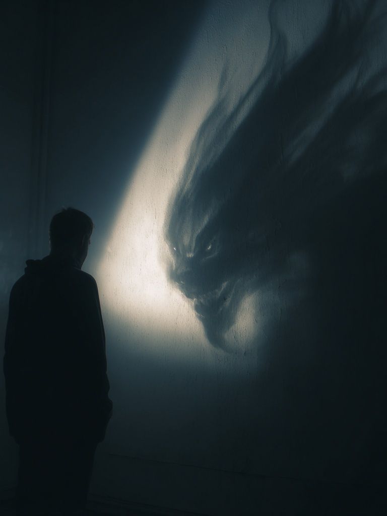 Shadow Figure and Wolf Silhouette Print. poster — photography art