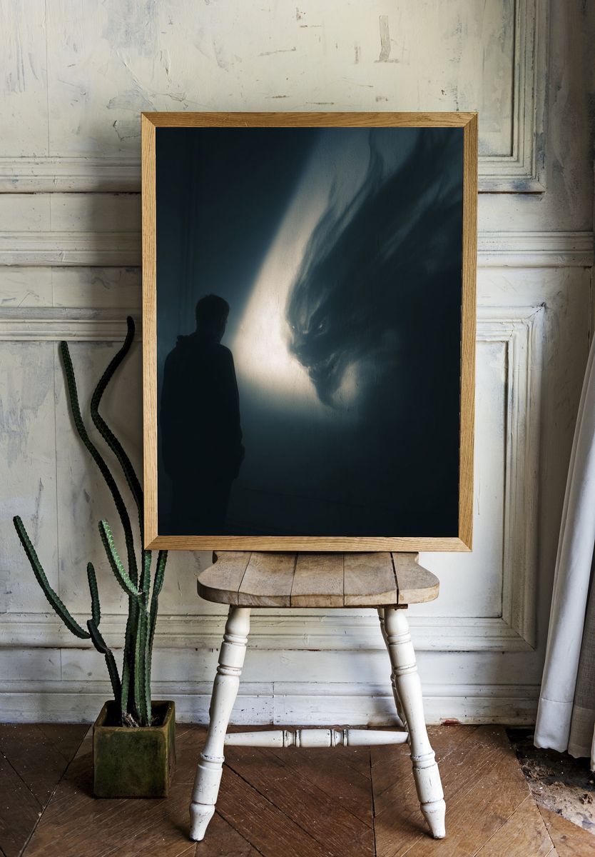 Shadow Figure and Wolf Silhouette Print. — room view 1