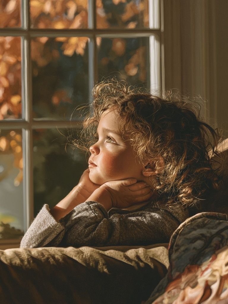 Dreamy Child by Window Portrait Print. poster detail