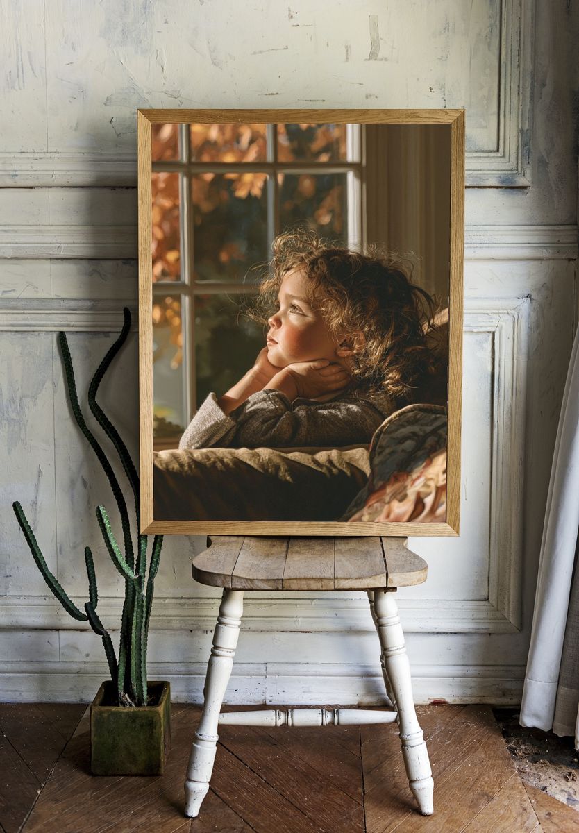 Dreamy Child by Window Portrait Print. — room view 1