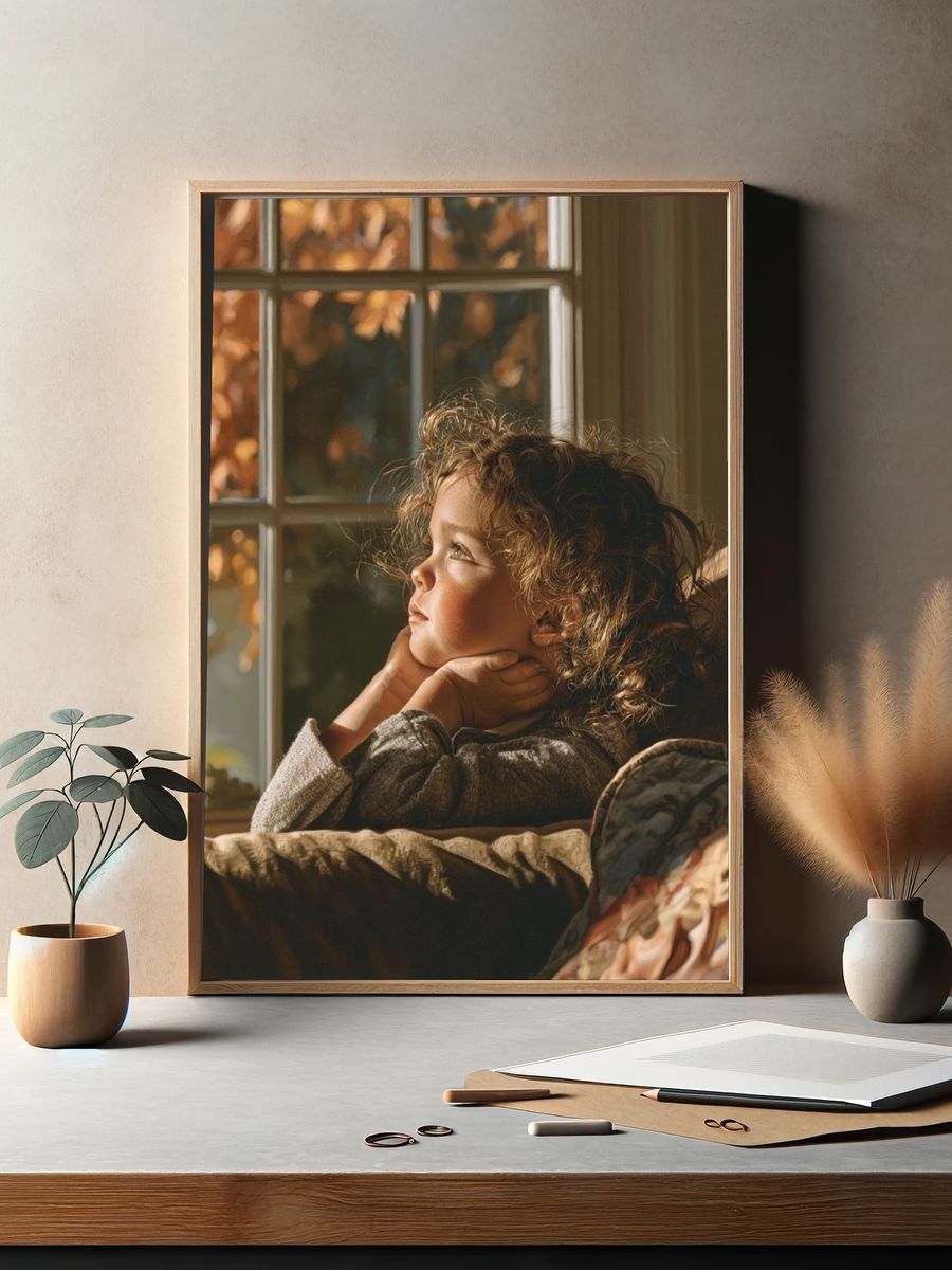 Dreamy Child by Window Portrait Print. — room view 2