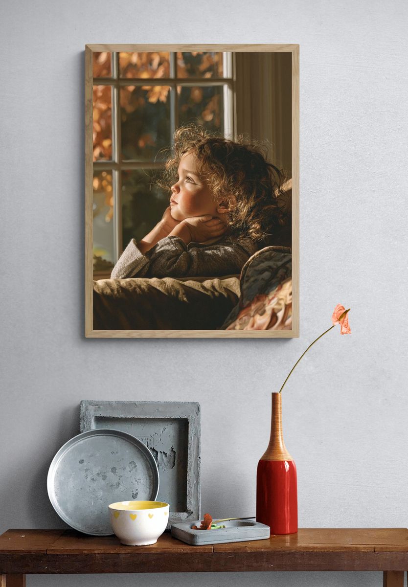 Dreamy Child by Window Portrait Print. — room view 3