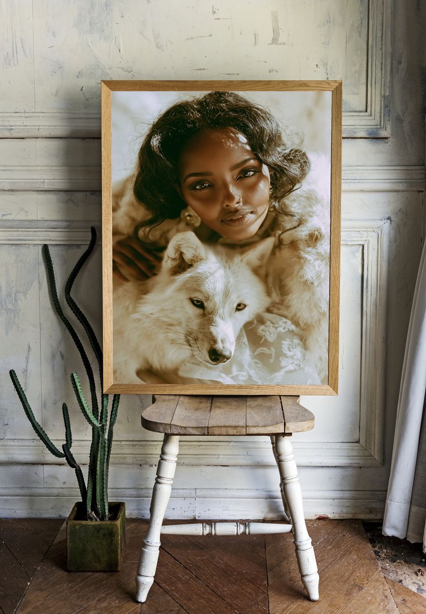Woman and Wolf Portrait Print. — room view 1