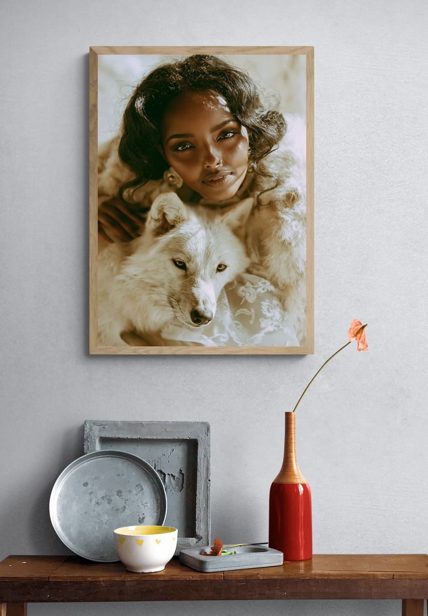 Woman and Wolf Portrait Print. — room view 3