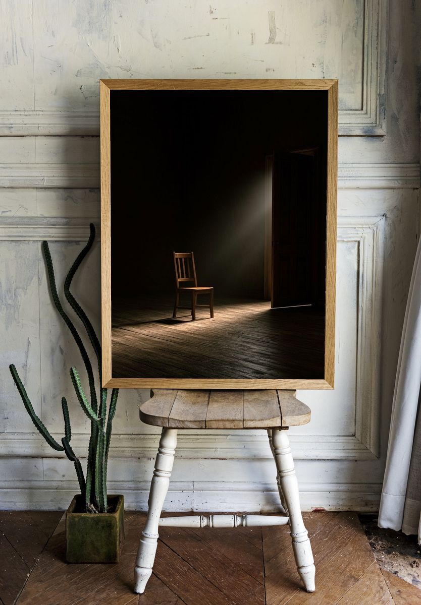 Lonely Chair in Dark Room Poster. room preview
