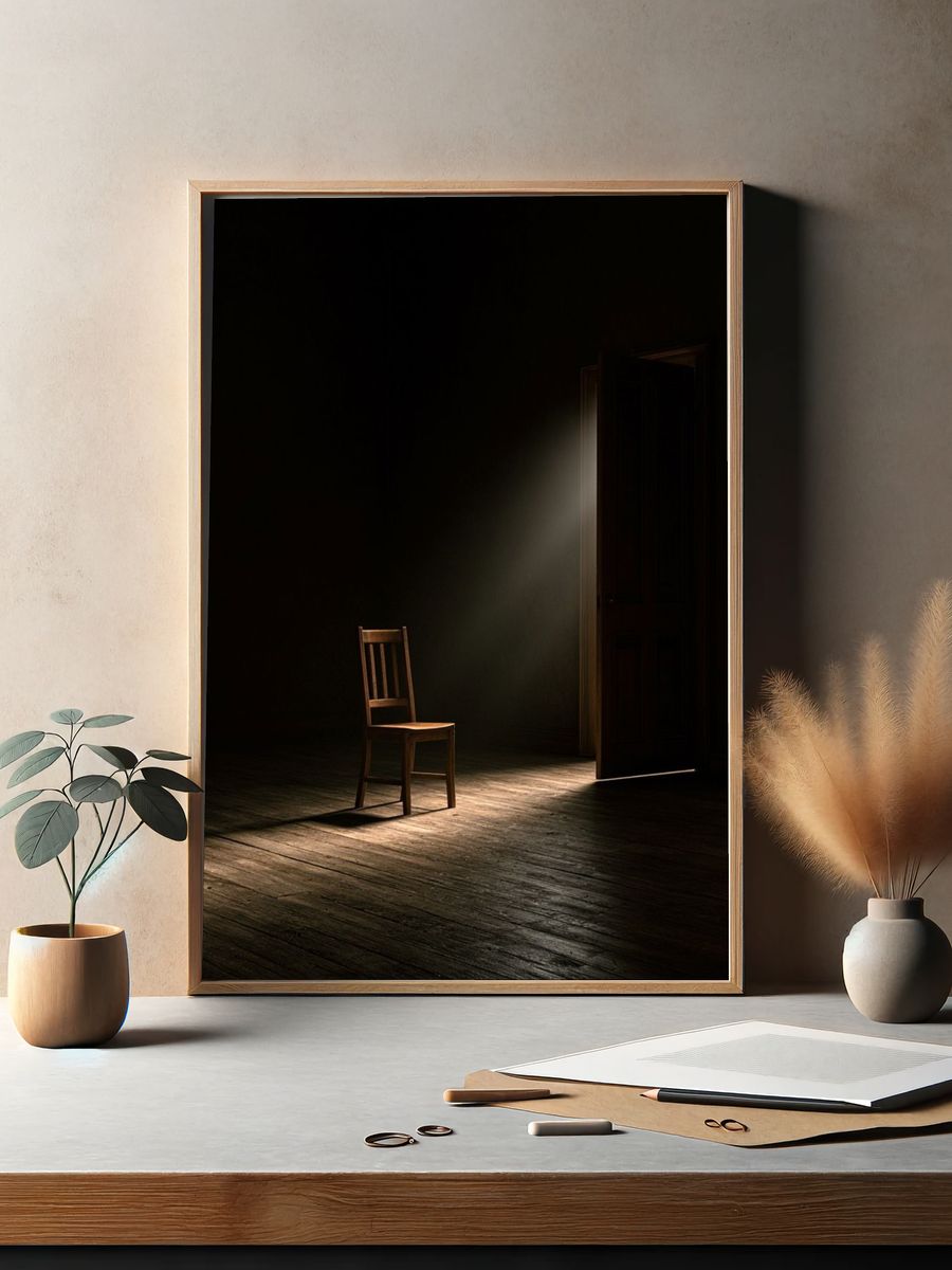 Lonely Chair in Dark Room Poster. — room view 2
