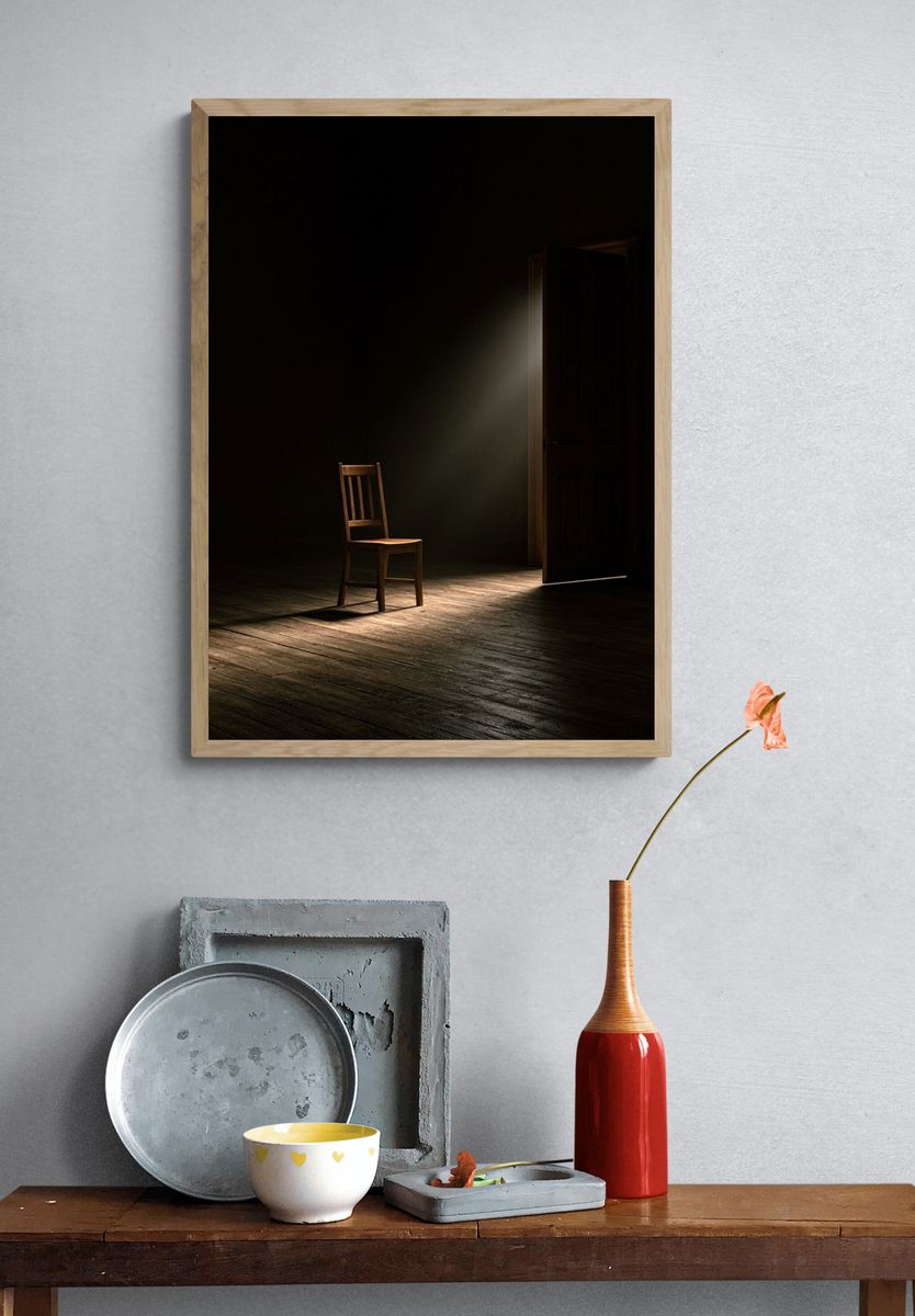 Lonely Chair in Dark Room Poster. — room view 3