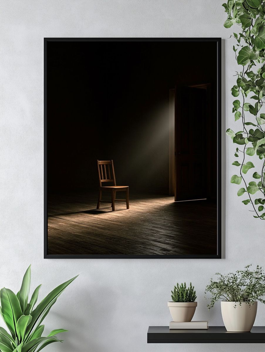 Lonely Chair in Dark Room Poster. — room view 4
