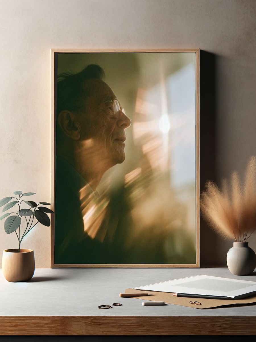 Elderly Man in Sunlight Photography Poster. — room view 2