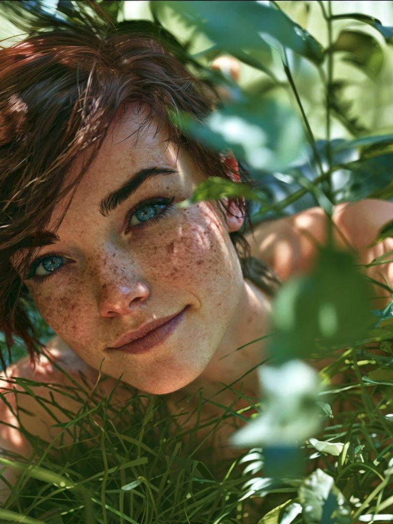 Freckled Portrait in Green Foliage Poster. poster — photography art