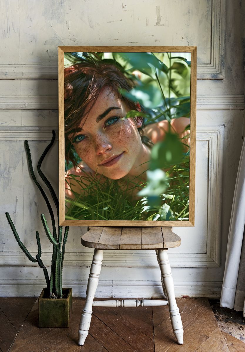 Freckled Portrait in Green Foliage Poster. — room view 1