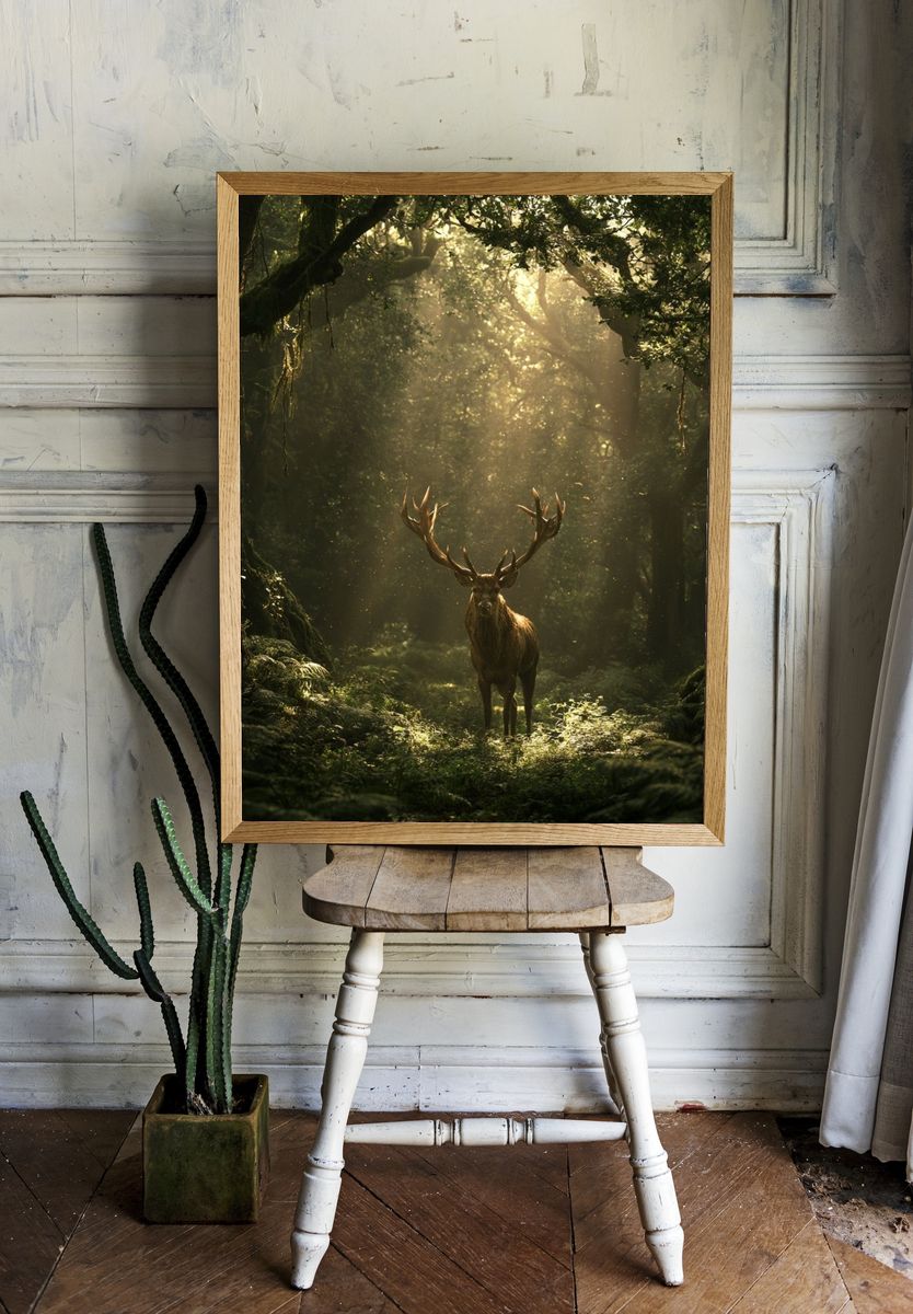 Majestic Stag in Forest Poster. — room view 1