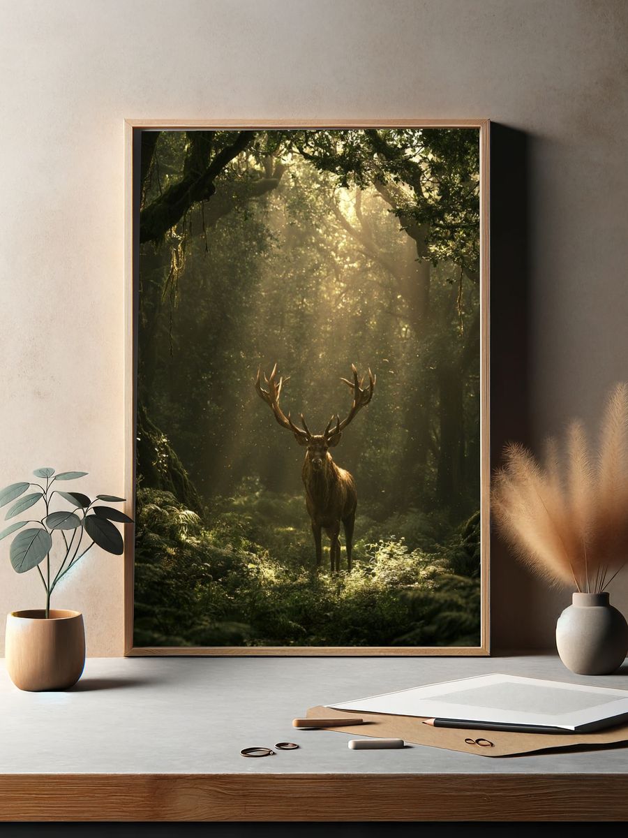 Majestic Stag in Forest Poster. — room view 2