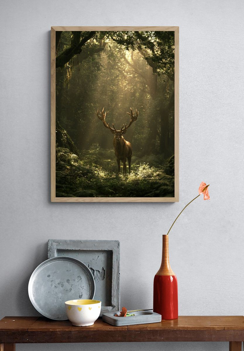 Majestic Stag in Forest Poster. — room view 3