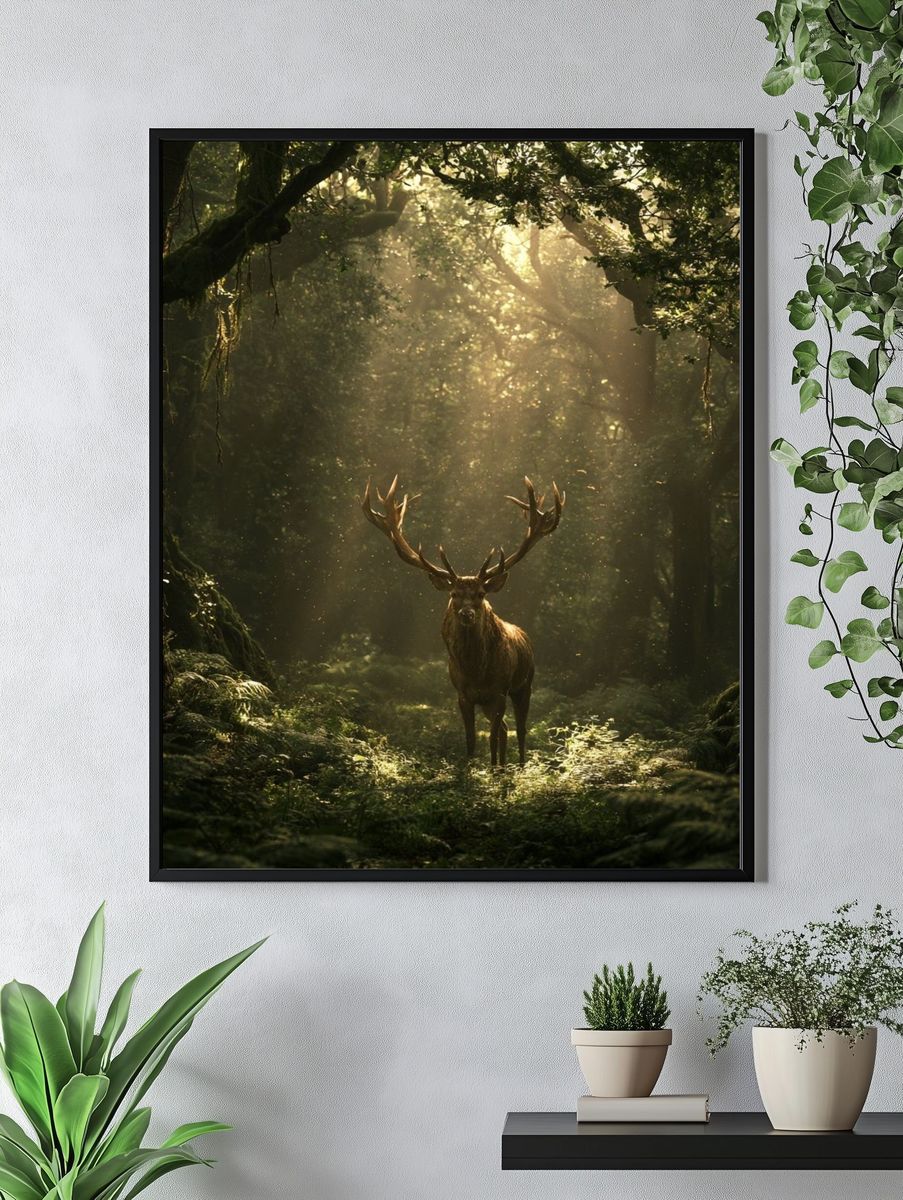 Majestic Stag in Forest Poster. — room view 4