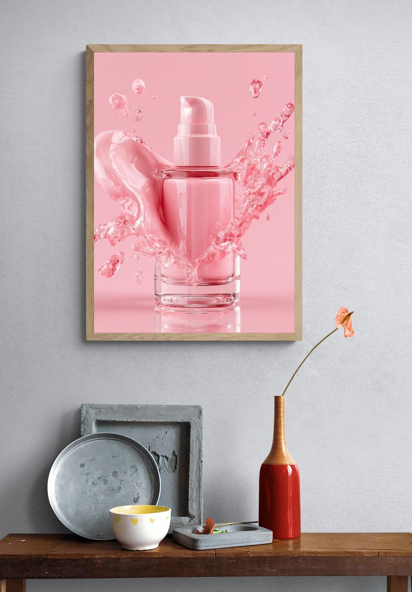 Pink Skincare Bottle Photography Poster. — room view 3