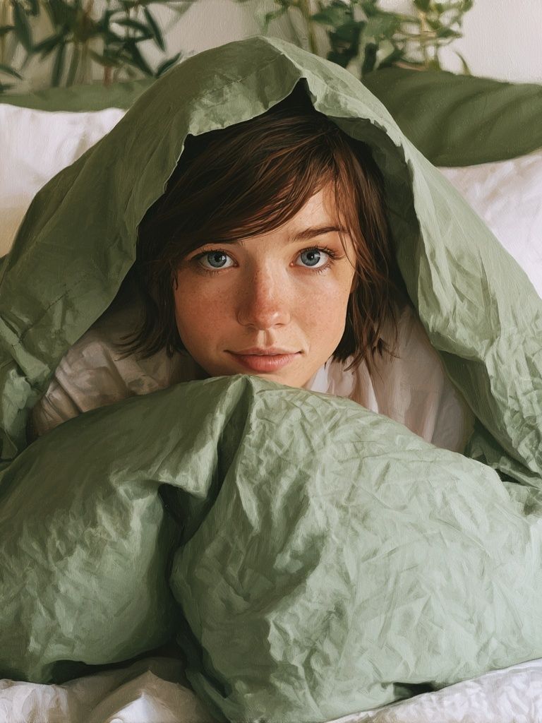 Cozy Portrait in Green Bedding Print. poster detail