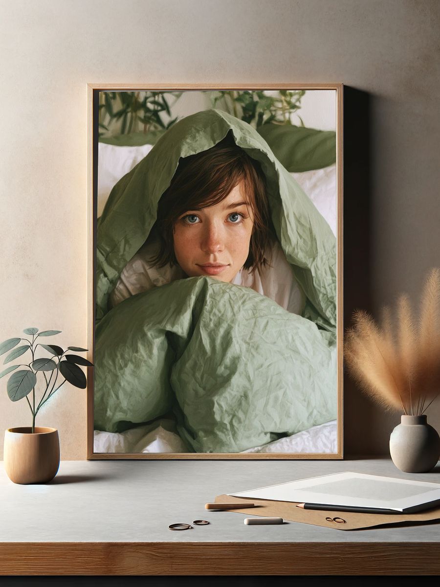Cozy Portrait in Green Bedding Print. — room view 2