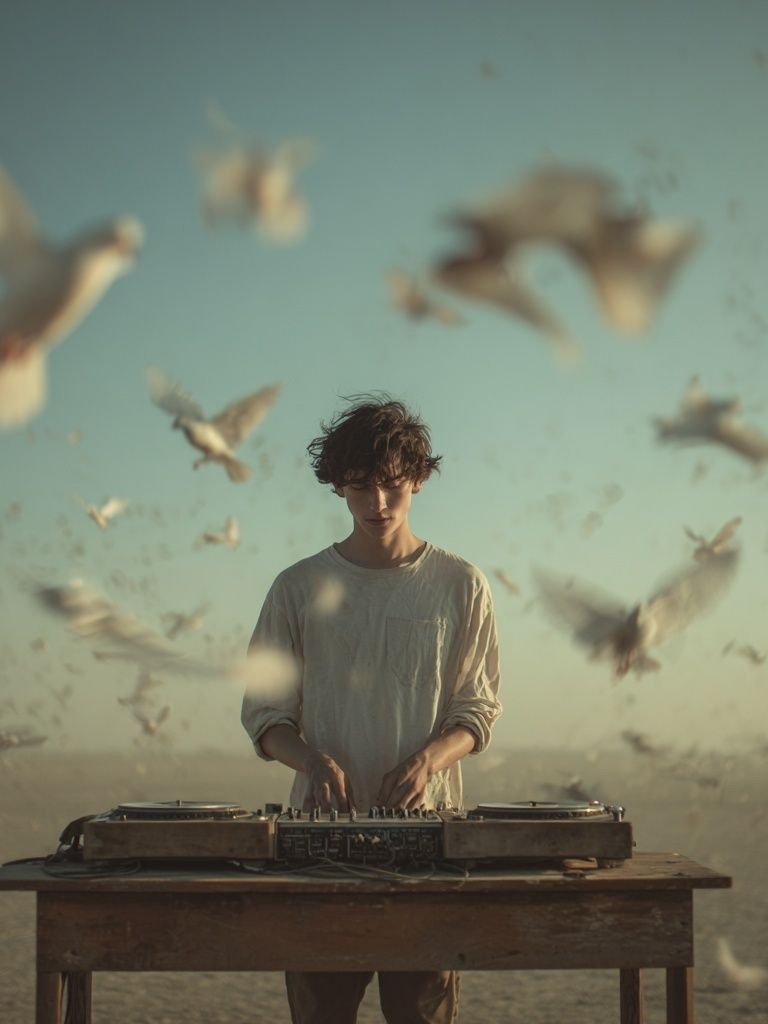 DJ in Desert Birds Photography Poster. poster detail