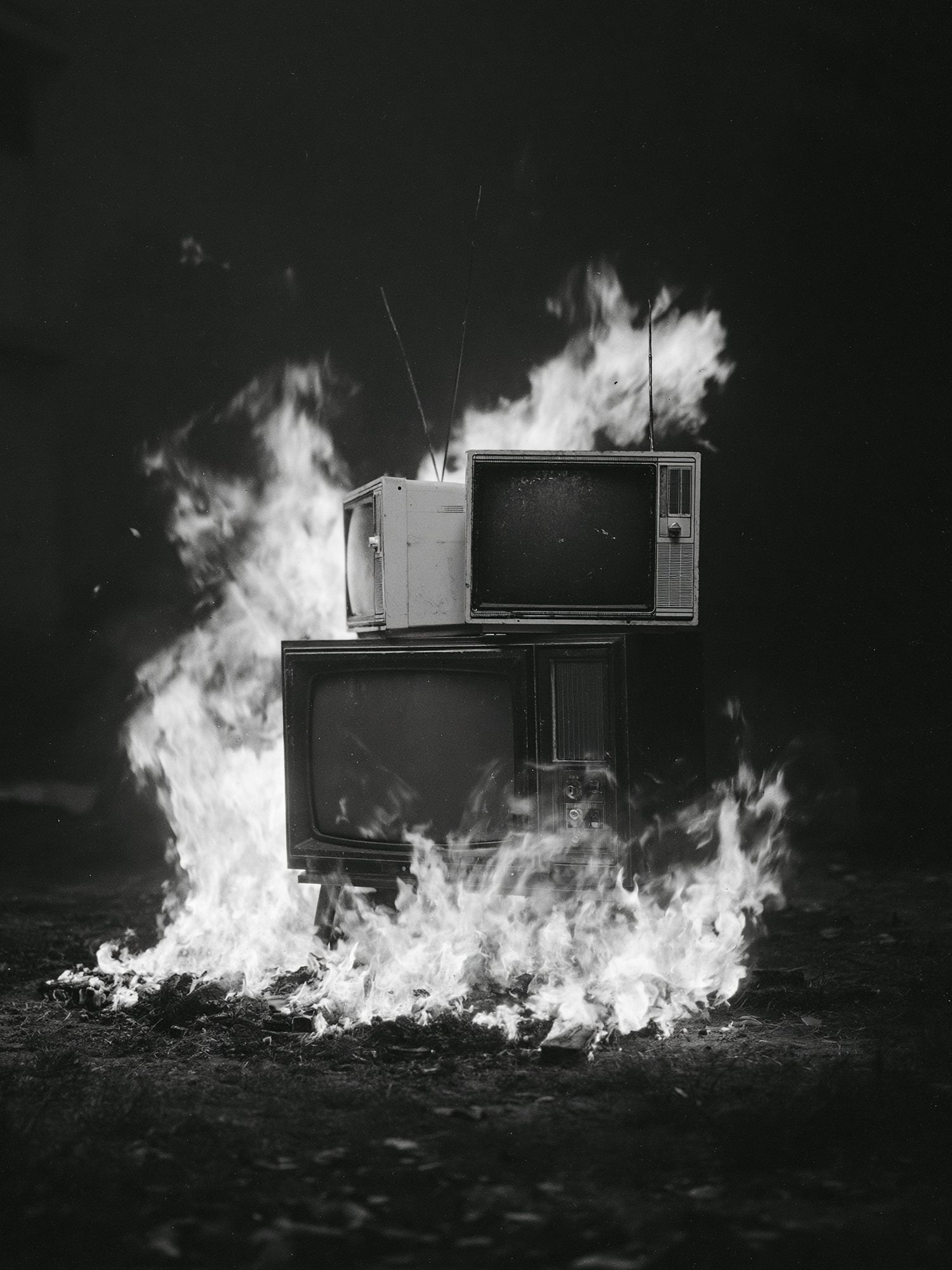 Burning TVs Black-White Poster. poster — photography art