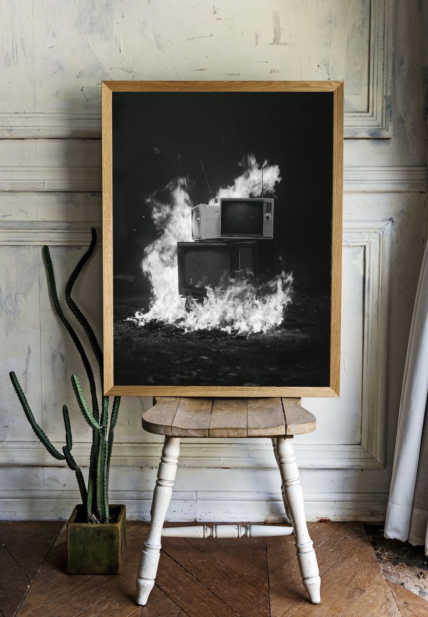 Burning TVs Black-White Poster. room preview