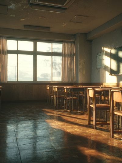 Sunlit Empty Classroom Photography Poster. poster