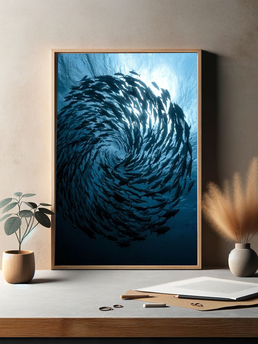 Swirling Fish School Photography Poster. — room view 2