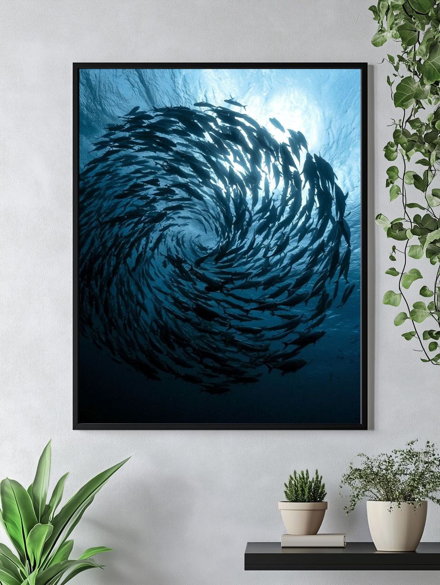 Swirling Fish School Photography Poster. — room view 4