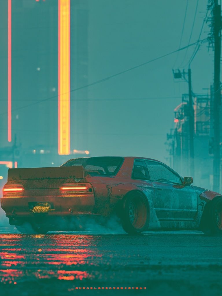 Neon Drift Car Photography Poster. poster detail