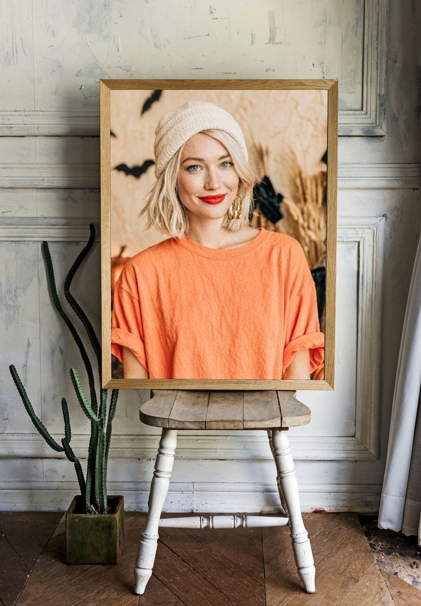 Blonde Portrait in Orange Top Poster. — room view 1