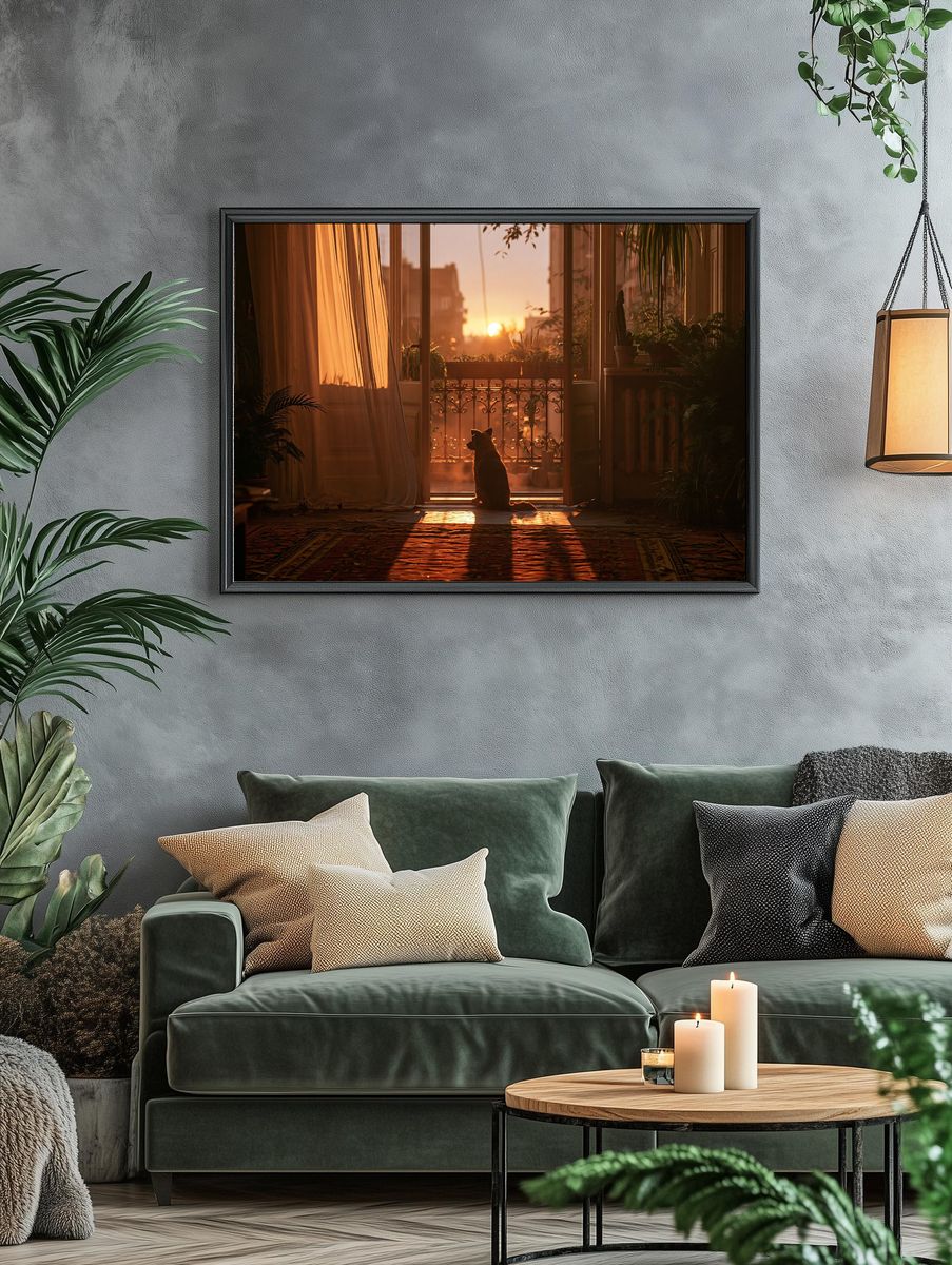Sunset Cat Silhouette Photography Poster. — room view 4