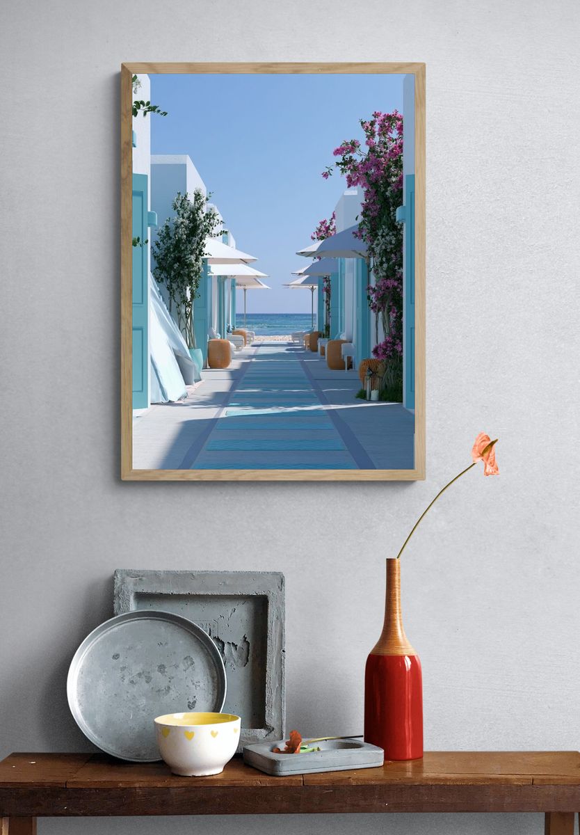 Santorini Seaside Path Photography Poster. — room view 3