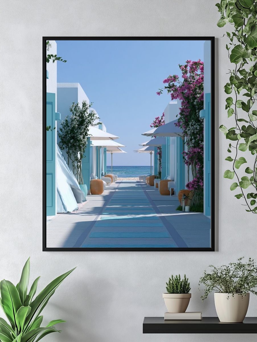 Santorini Seaside Path Photography Poster. — room view 4