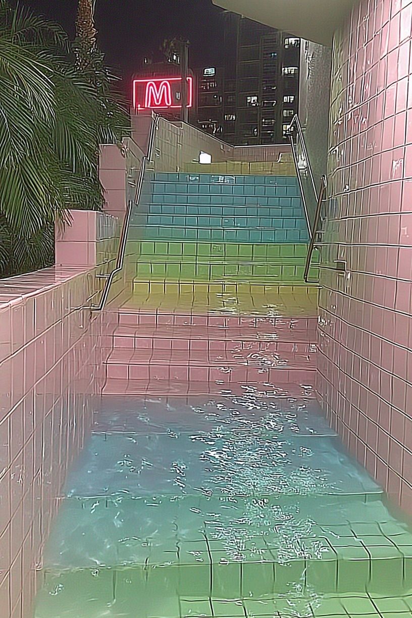 Neon Rainbow Stairway Photography Poster. poster detail