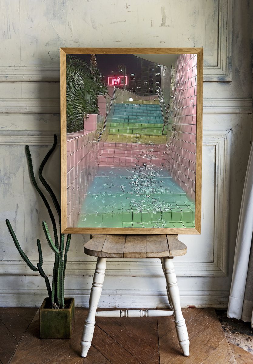 Neon Rainbow Stairway Photography Poster. — room view 1