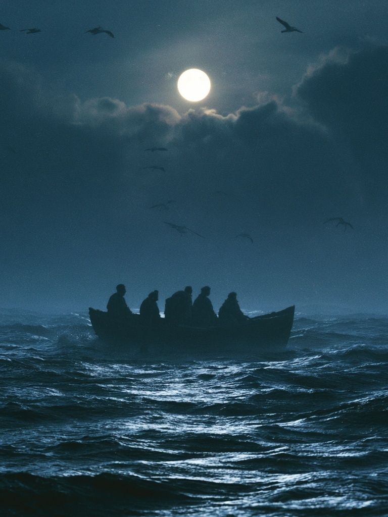 Moonlit Boat at Sea Poster. poster detail