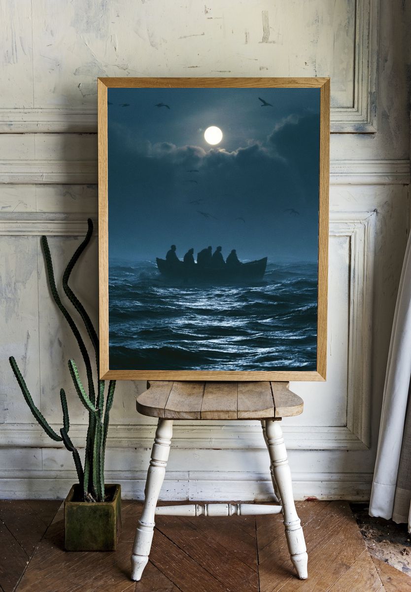 Moonlit Boat at Sea Poster. — room view 1