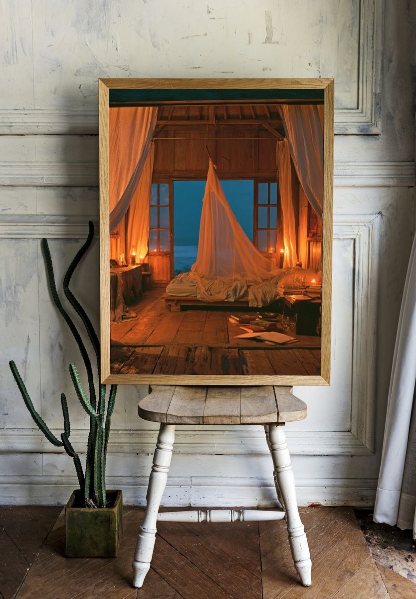 Candlelit Seaside Bedroom Print. room preview